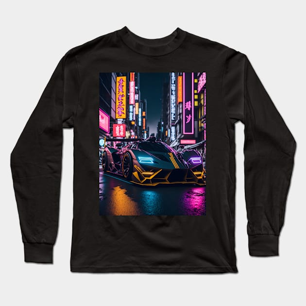 Dark Neon Sports Car in Japanese Neon City Long Sleeve T-Shirt by star trek fanart and more